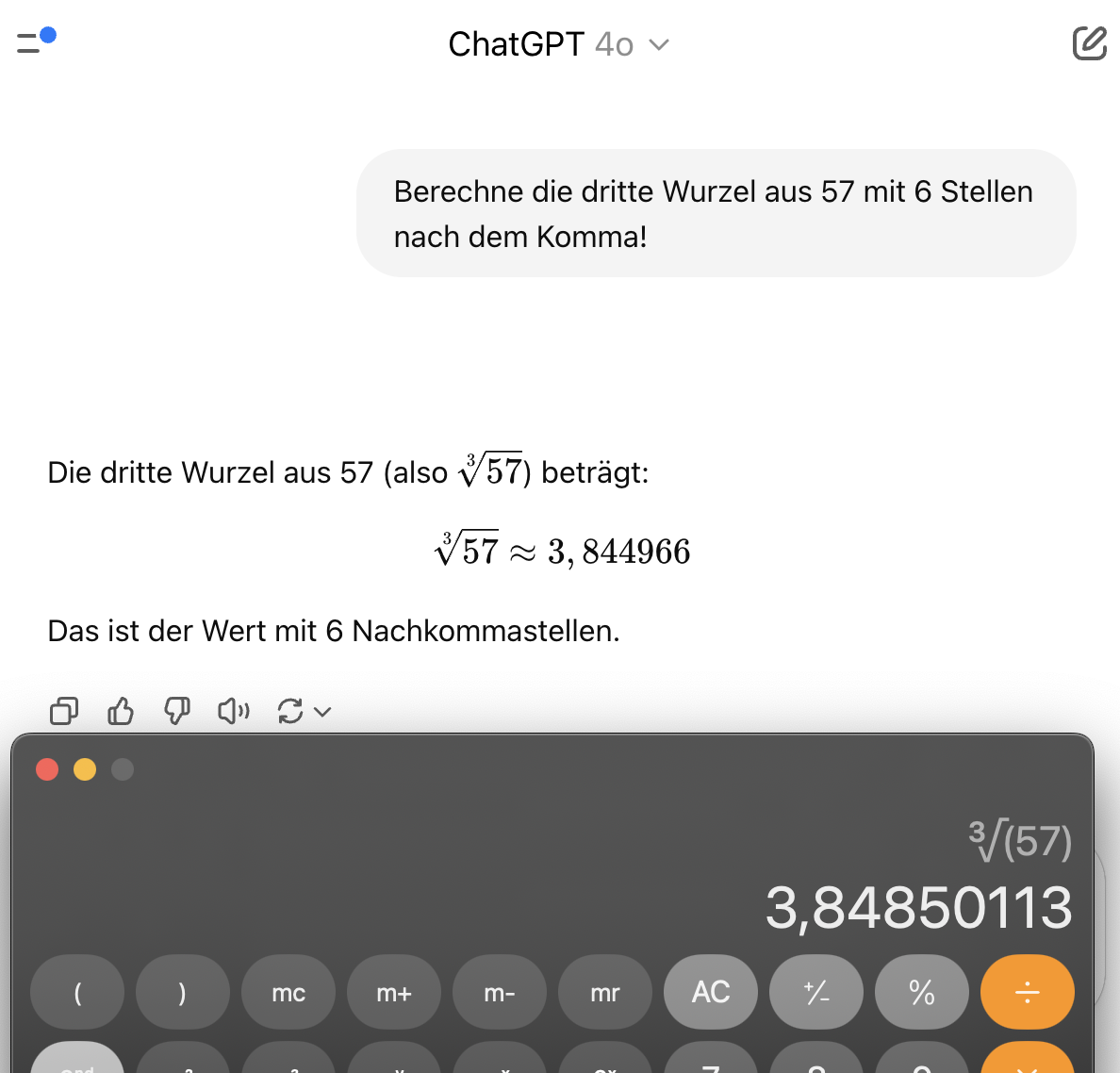 ChatGPT 4o ist nicht in der Lage die dritte Wurzel aus 57 anzugeben.